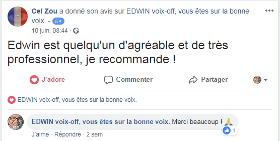 Avis facebook 5 étoiles de Céline.D concernant les services de voix off d'Edwin Voix Off
