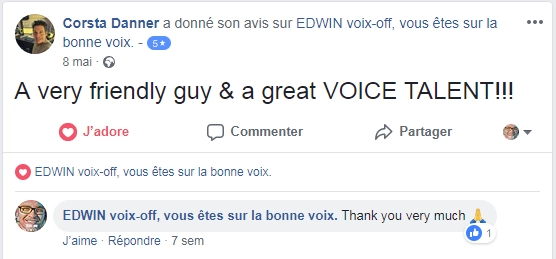 Avis Facebook 5 étoiles de Corsta Danner concernant les services de voix off d'Edwin Voix Off