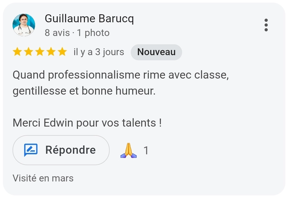 Avis Google 5 étoiles de Guillaume Barucq concernant les services de voix off d'Edwin Voix Off