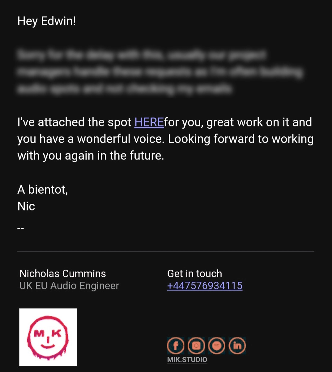 Avis email 5 étoiles de Nicholas Cummins concernant les services de voix off d'Edwin Voix Off